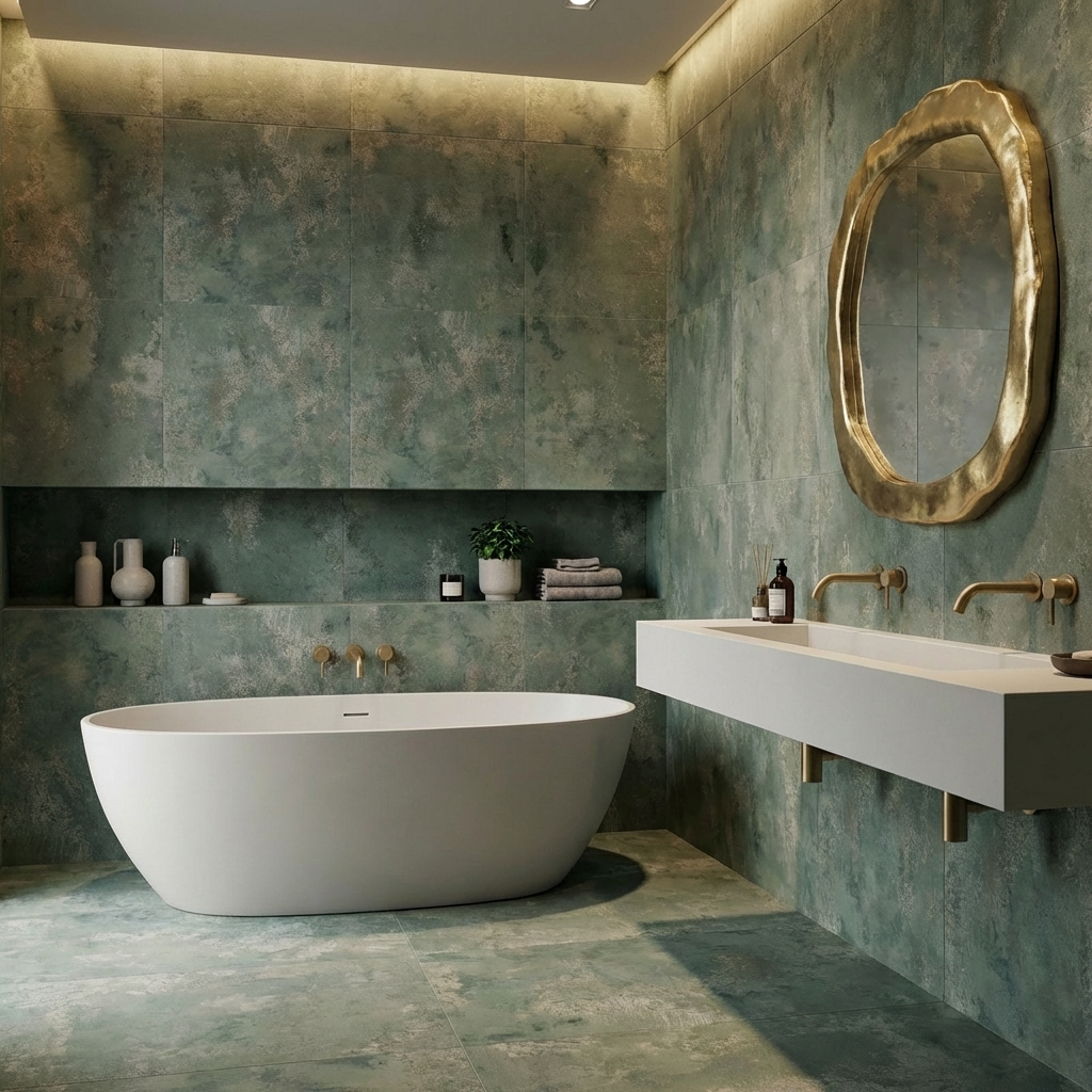 Modern bathroom with a green tiles, freestanding bathtub, sink, and decorative mirror.