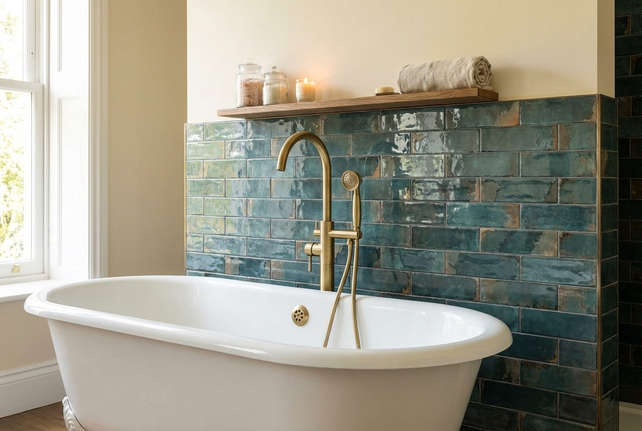 Freestanding bath with tiled background