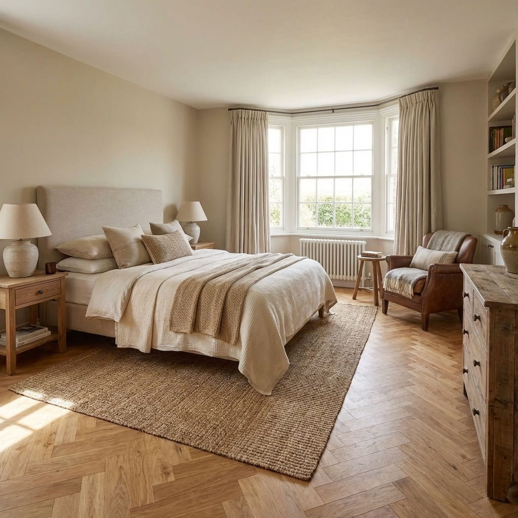 Cozy bedroom with a bed, armchair, and large window.