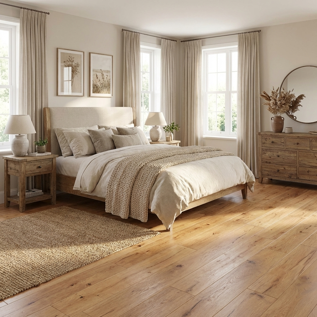 Big bed covered in blankets on  wooden flooring.