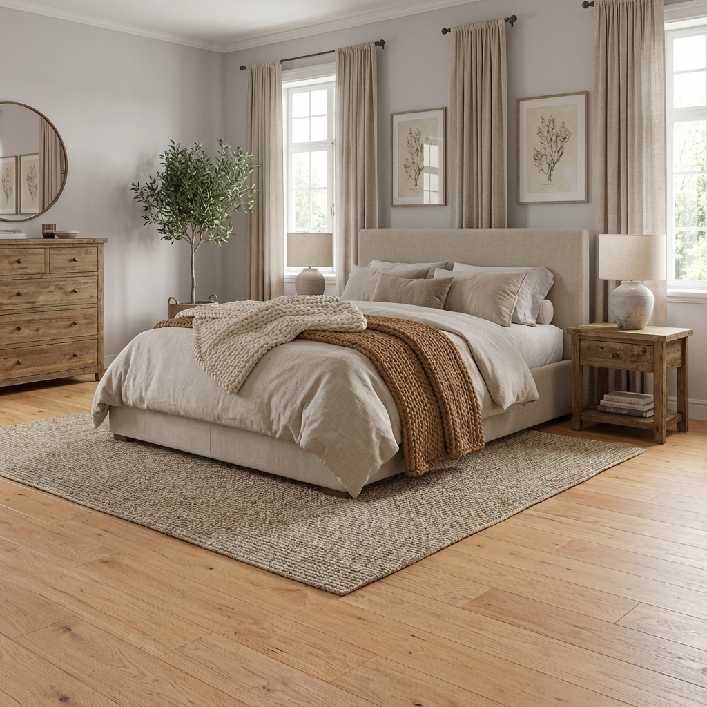 Neatly made bed in a bedroom with wooden flooring and neutral decor.