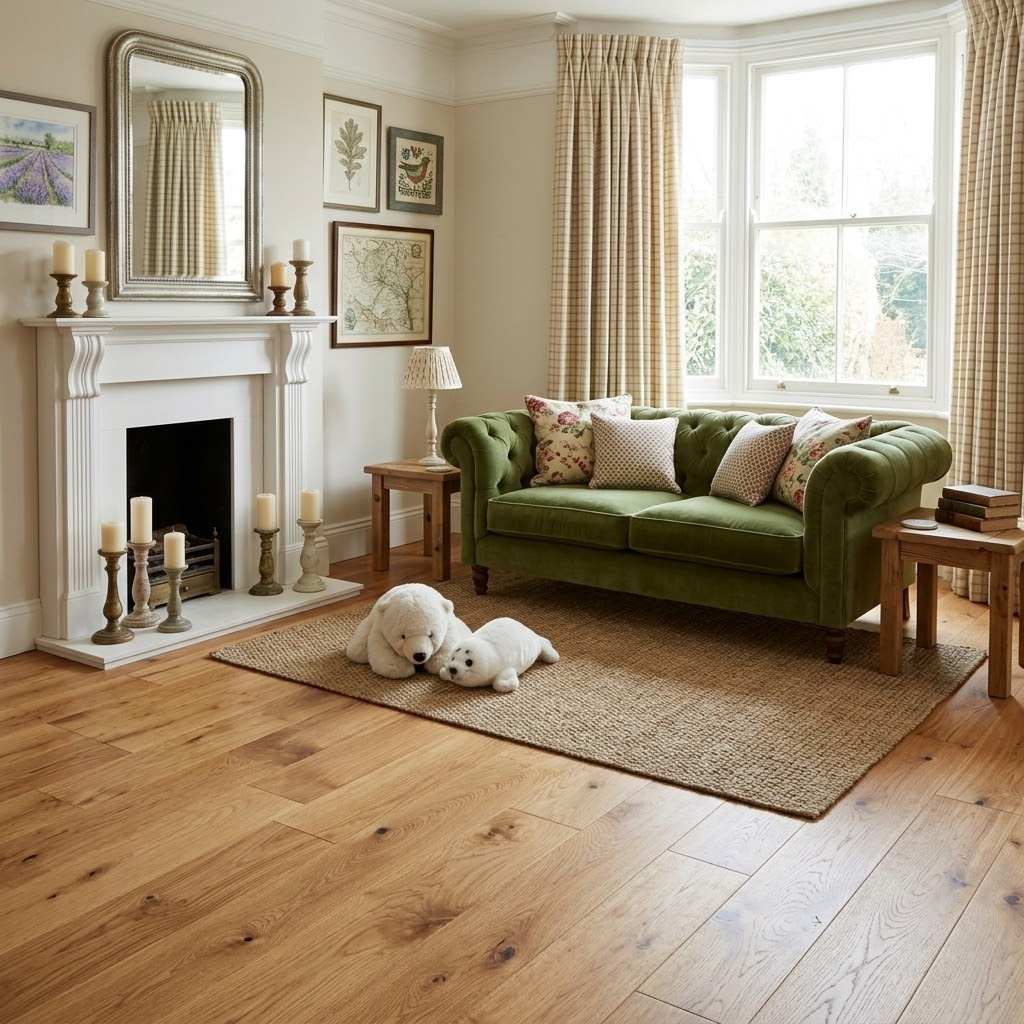 Living room with satin lacquered wood flooring, green sofa, fireplace, and decorative items.