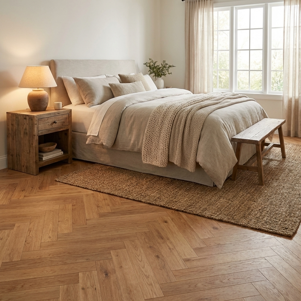 Cozy bedroom with wooden floor, bed, and nightstand.