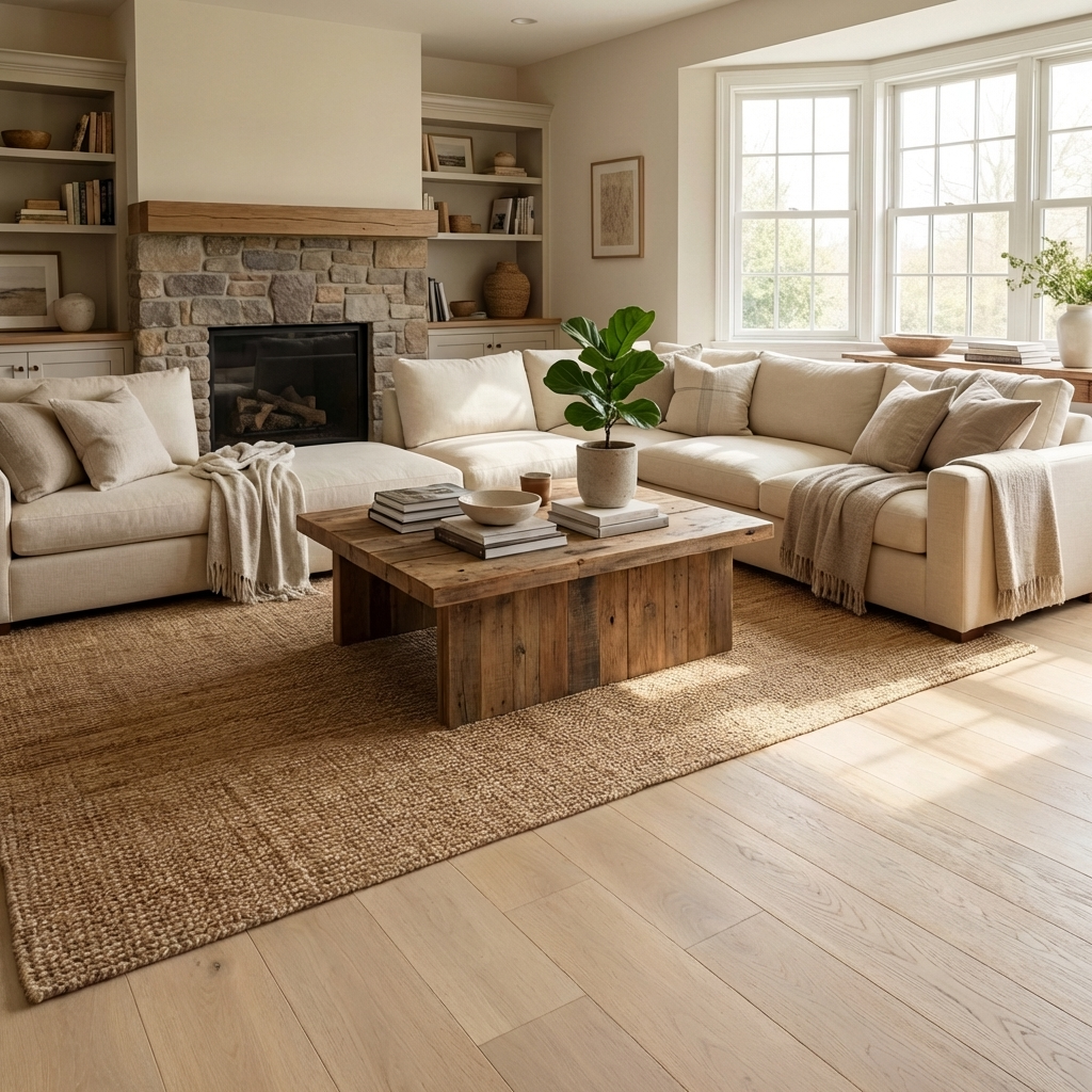 Nice living room with oak flooring underneath furniture