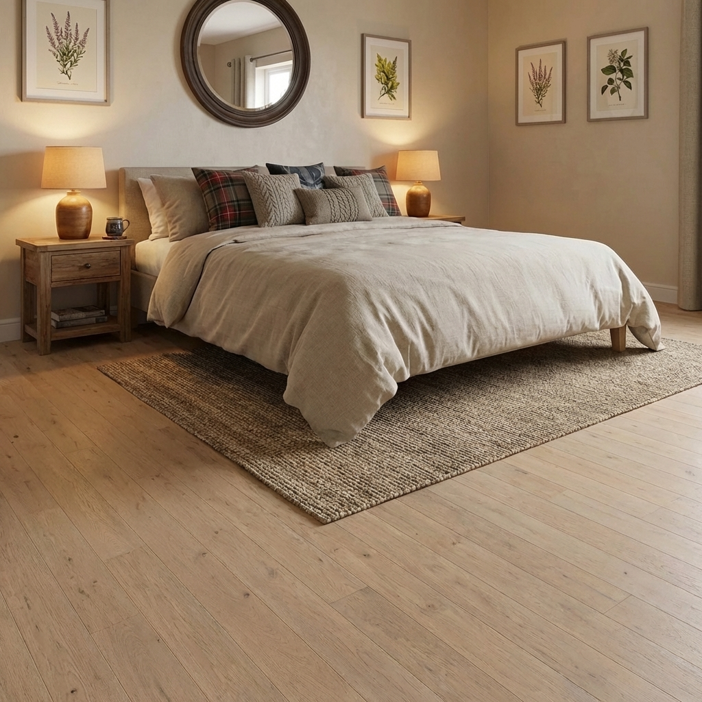 Double bed on oak flooring in bedroom.