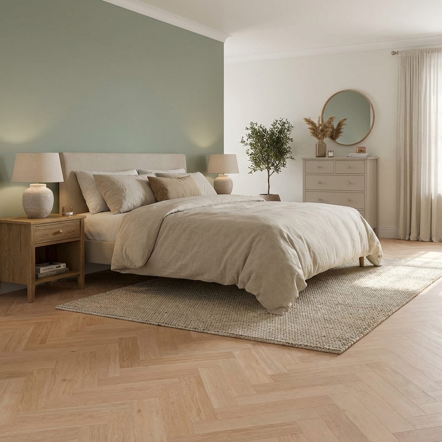 Neatly arranged bedroom with a bed, nightstands, and decor.