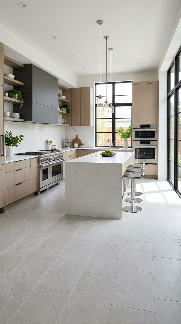 Modern kitchen with white island, stainless steel appliances, and large windows.