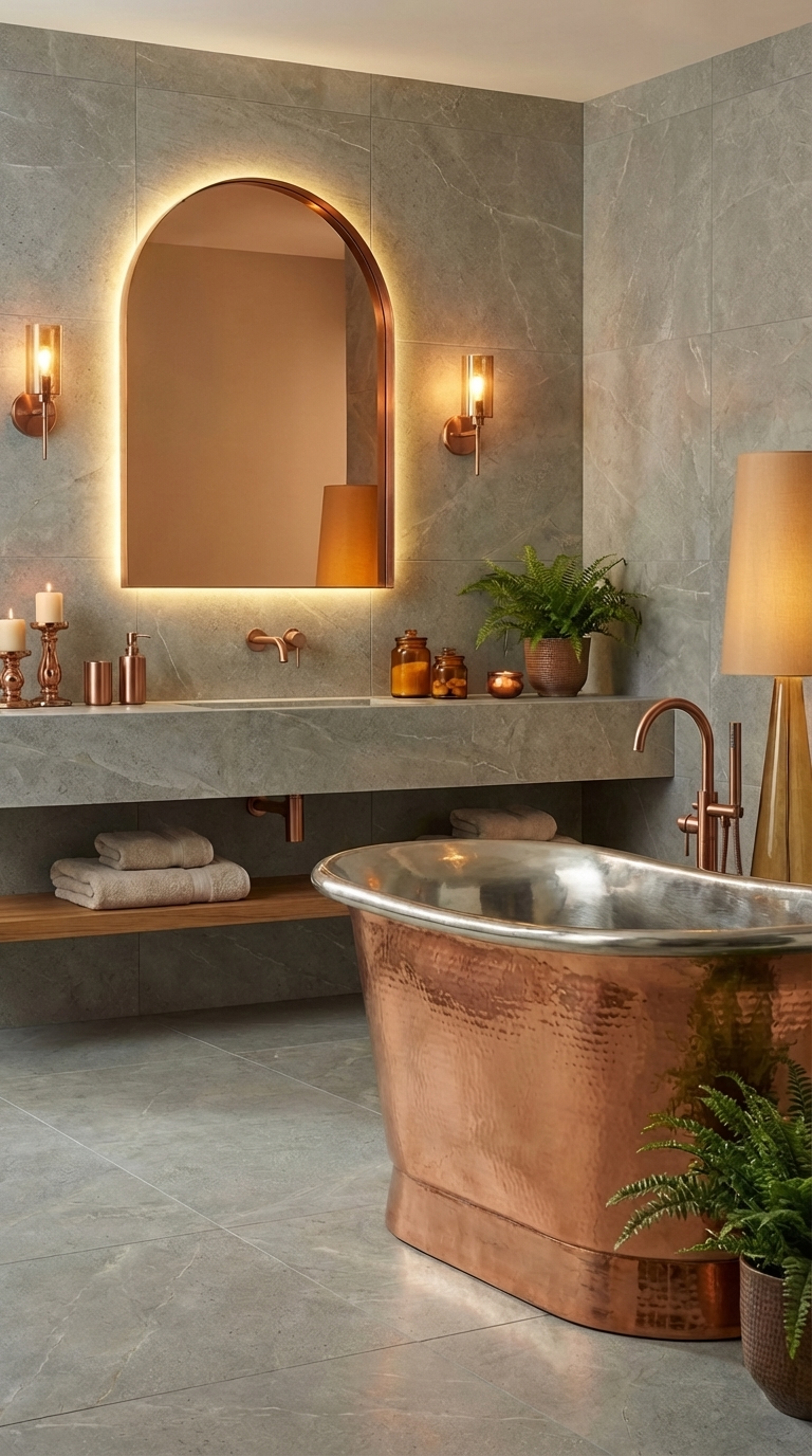 Bathroom with copper bathtub and illuminated mirror