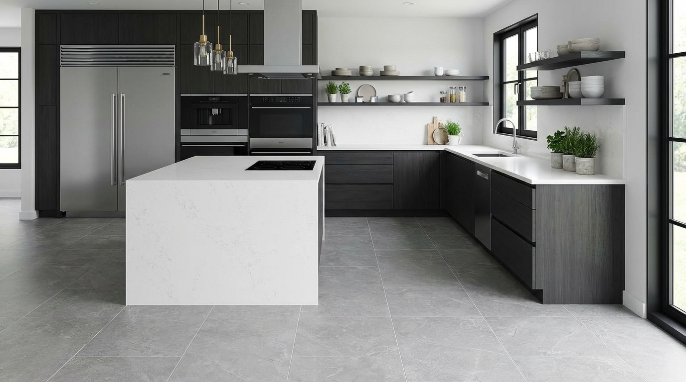 Modern kitchen with white island, black cabinets, and stainless steel appliances.