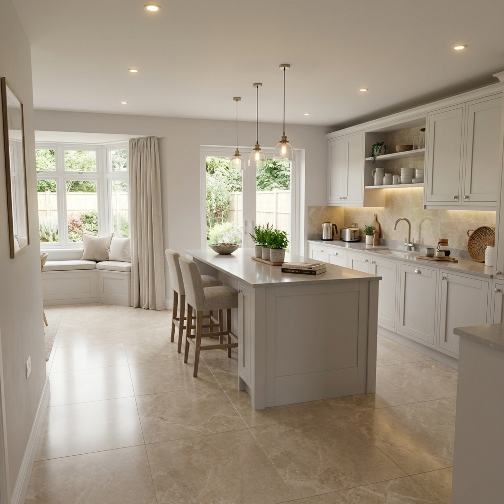 Modern kitchen with white island and cabinets, featuring a dining area.