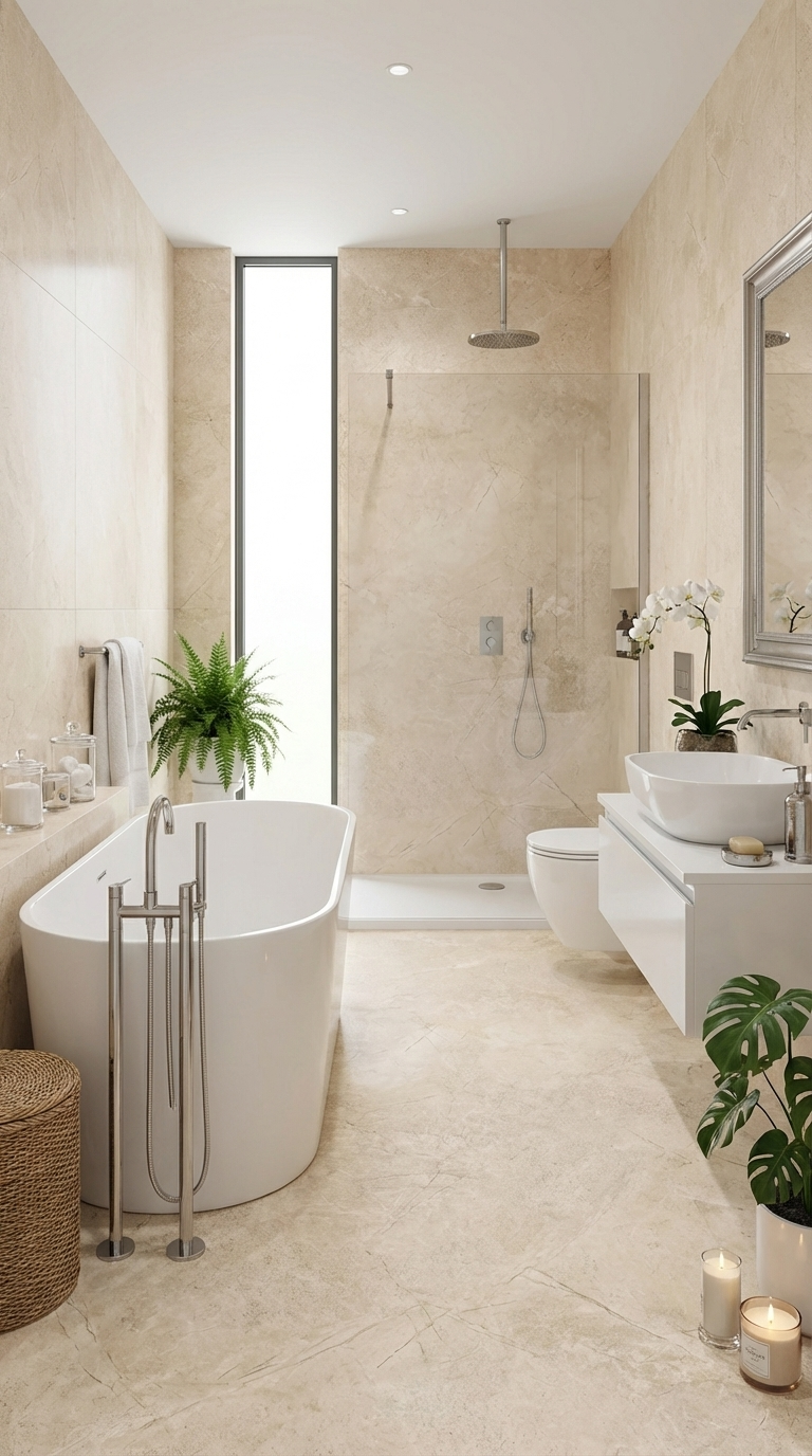 Modern bathroom with a freestanding bathtub, walk-in shower, and a basin. 