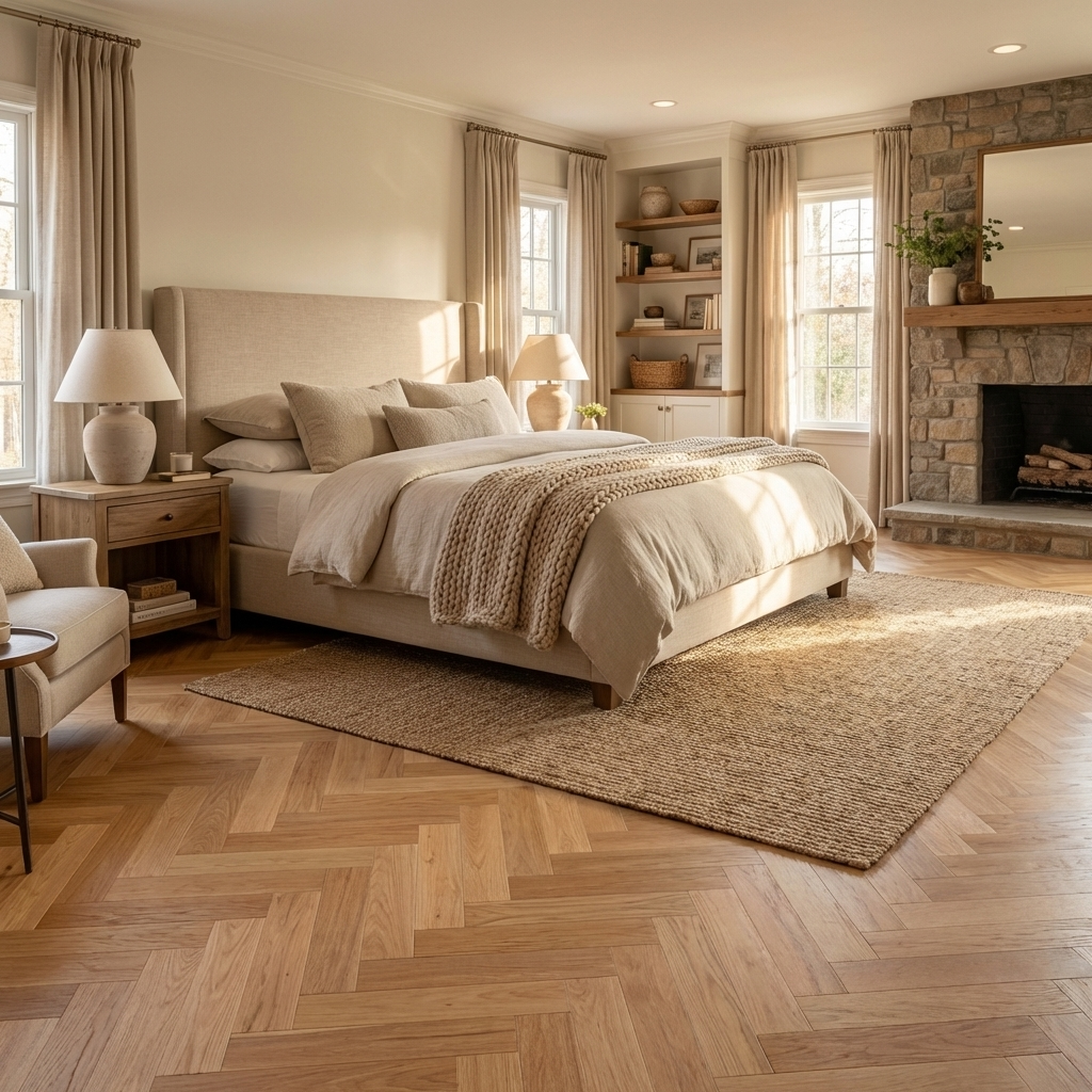 Neatly arranged bedroom with a bed, lamps, and a fireplace.