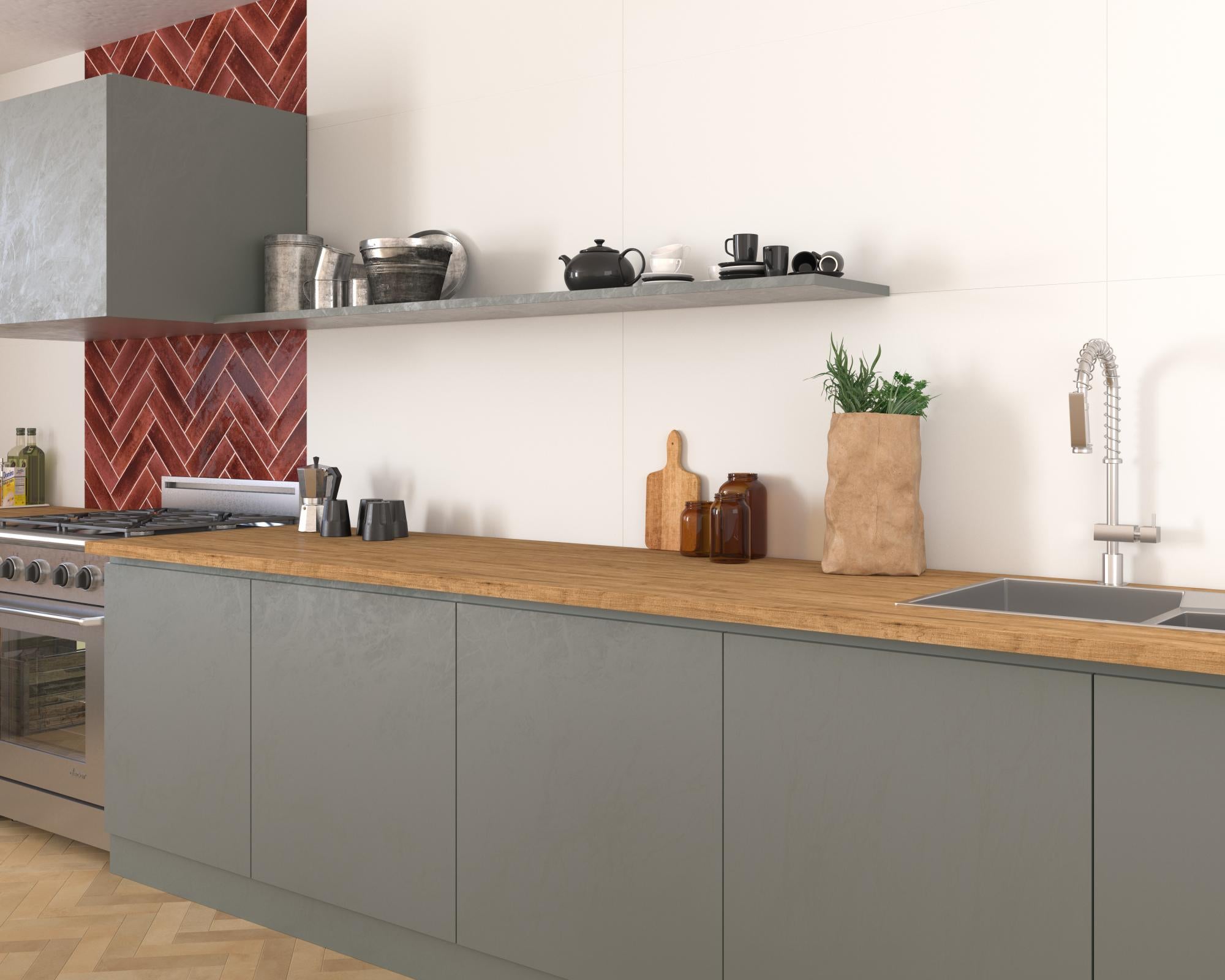 kitchen setting with lava coloured tiles