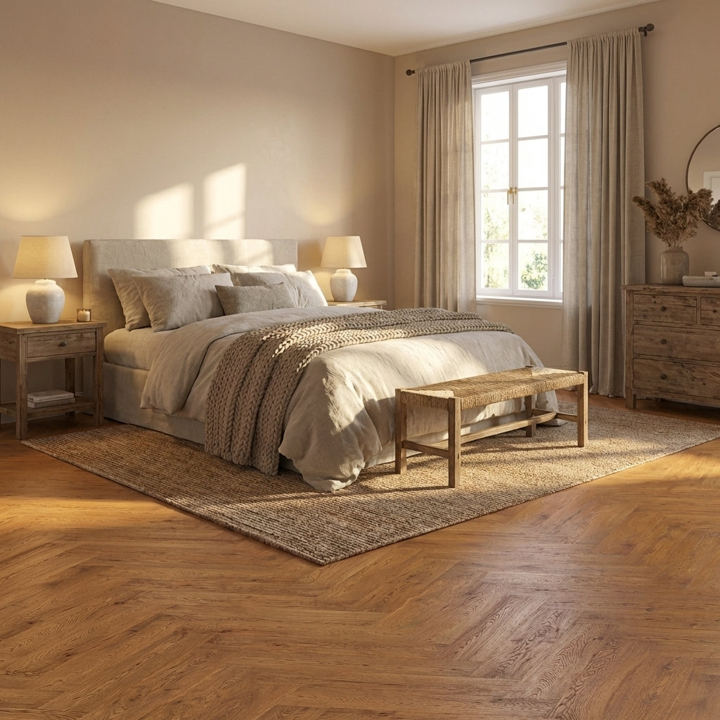 Neat bedroom with bed and dresser 