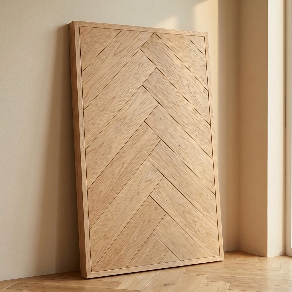 Wooden cabinet with chevron pattern against a beige wall