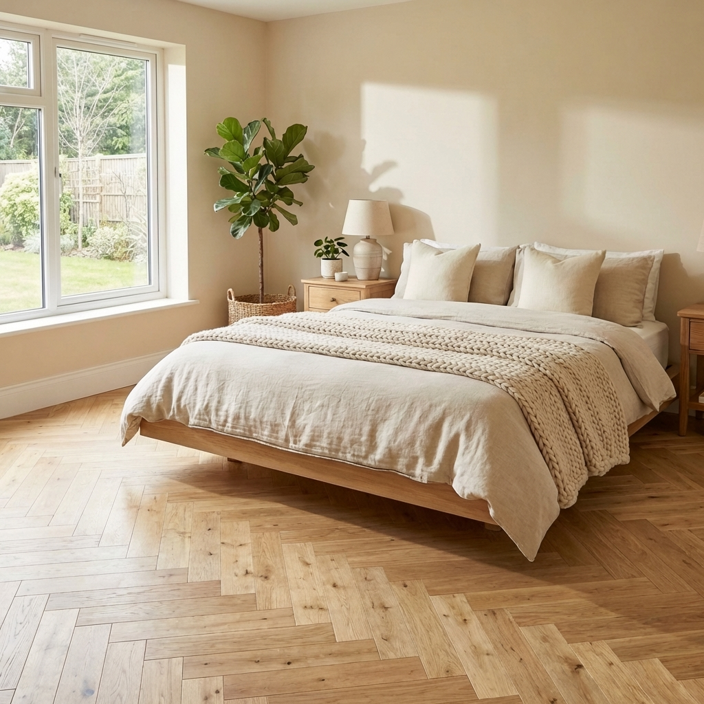 Neatly made bed in a bright bedroom with large windows and decorative plants.