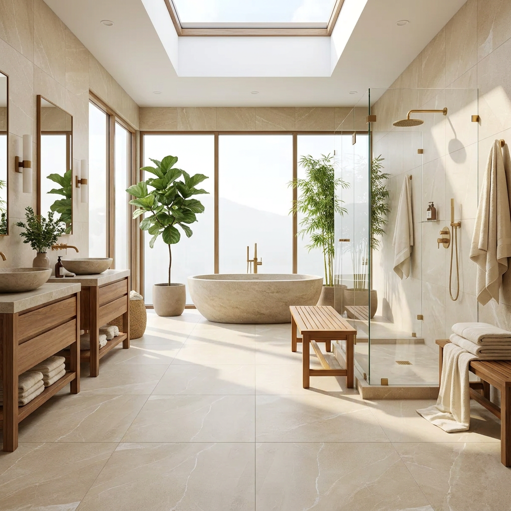 A luxurious modern bathroom interior with a freestanding stone bathtub, glass shower enclosure, double wooden vanities, large windows, and skylight. The space is styled in warm beige and cream tones with natural light, plants, and brass fixtures.