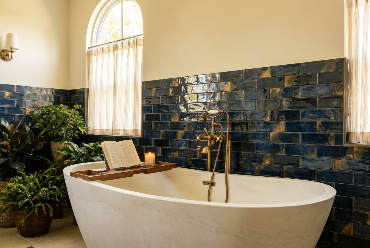 Limestone bath with blue tiles wall in background