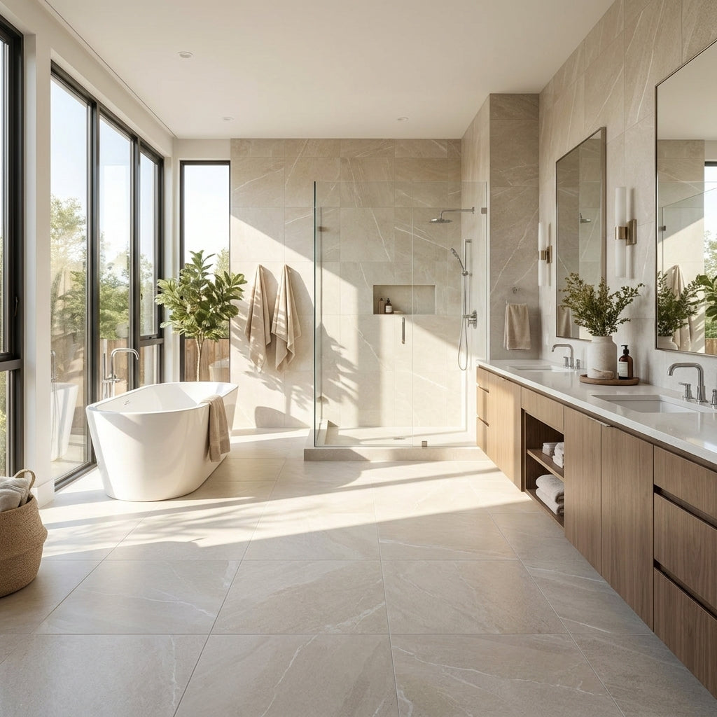 A modern bathroom interior with a freestanding white bathtub, glass shower enclosure, double vanity with white marble countertops, large mirrors, wood cabinets, and floor-to-ceiling windows with bright natural light.