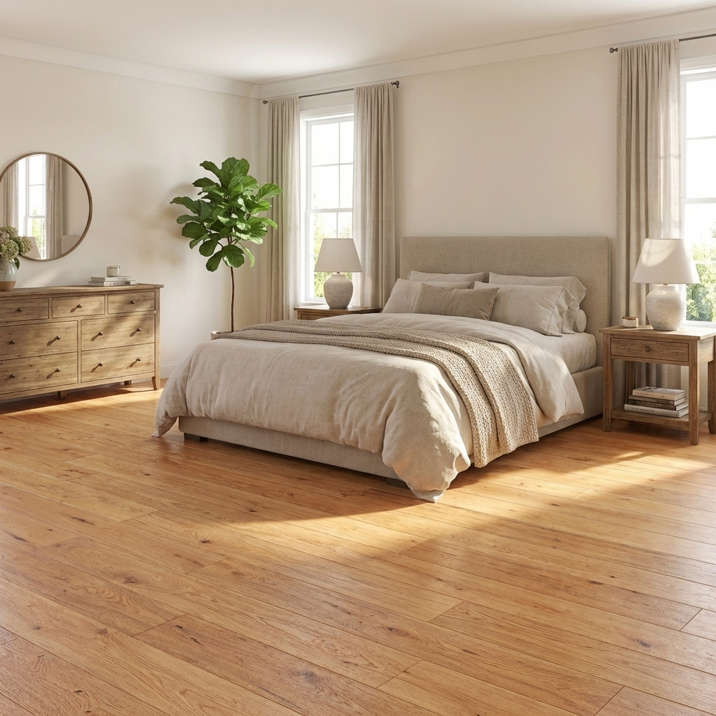 Neatly arranged bedroom with a bed, side tables, and decor.