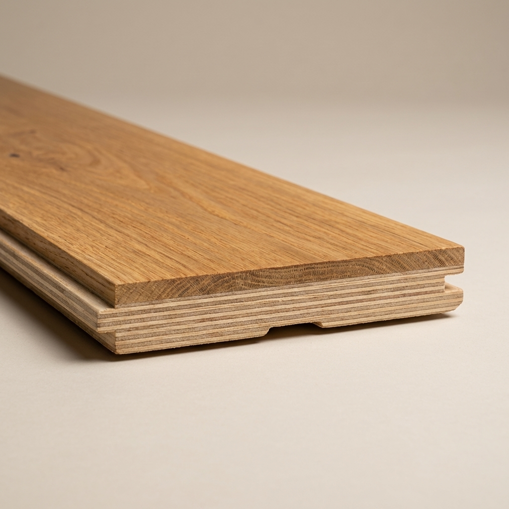 Close-up of a wooden flooring plank on a beige background