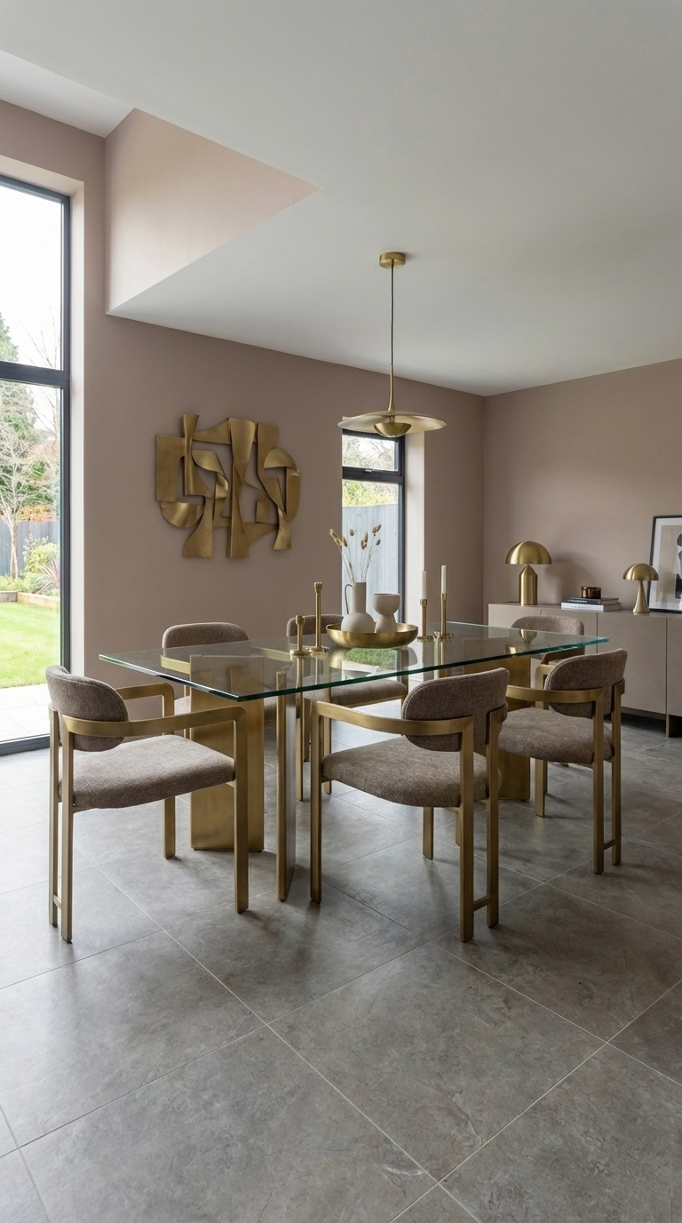 Dining room image with brass and glass dining table and grey tiled flooring. 