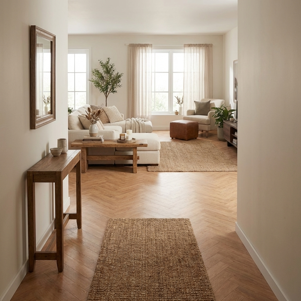 Living room with wooden floor, sofa, coffee table, and decorative elements.