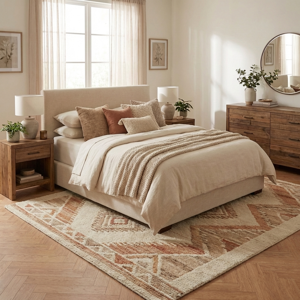 Neatly made bed with beige bedding in a well-lit bedroom with wooden furniture and decor.
