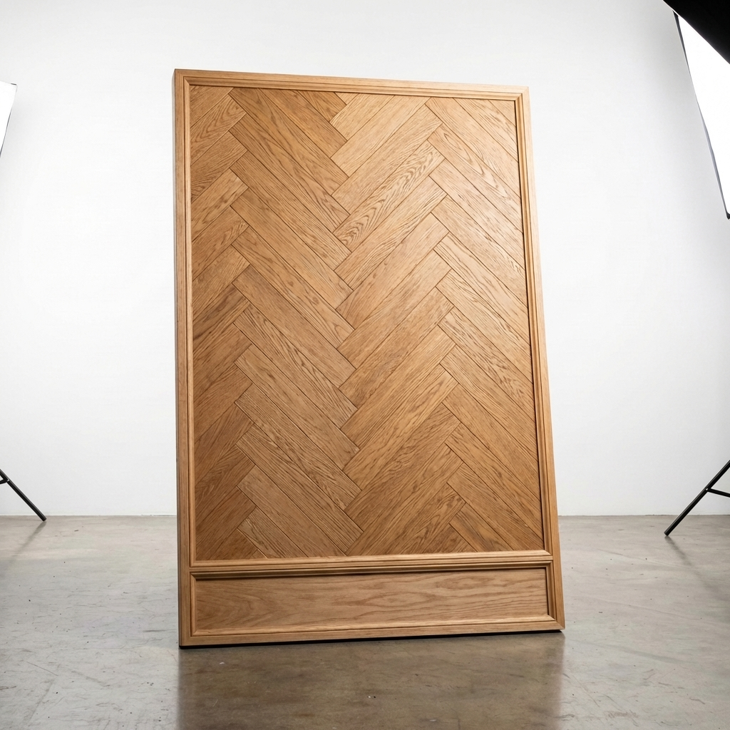 Wooden wardrobe with herringbone pattern on a white background