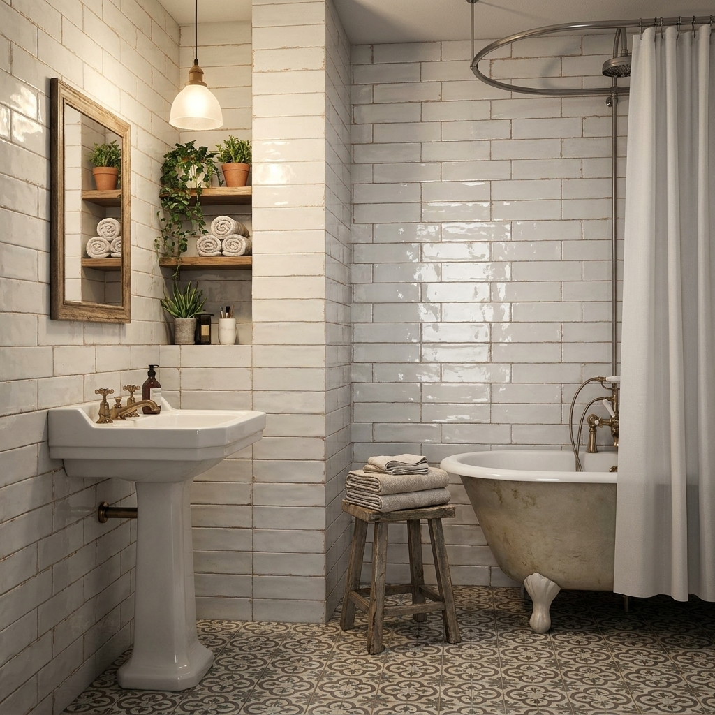 Modern bathroom with white tiled walls, a freestanding bathtub, and a pedestal sink.