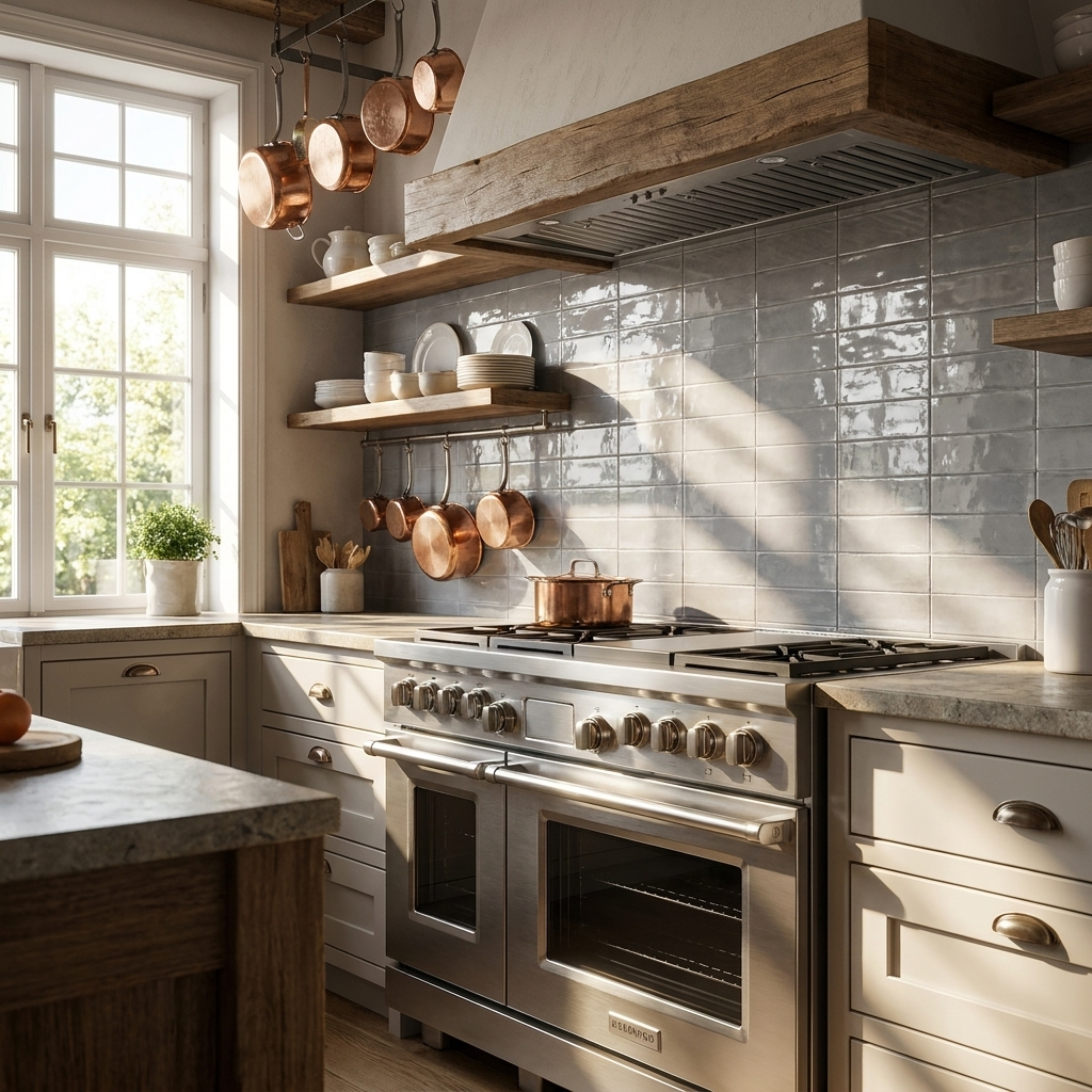 Modern kitchen with stainless steel appliances, wooden shelves, and natural light.