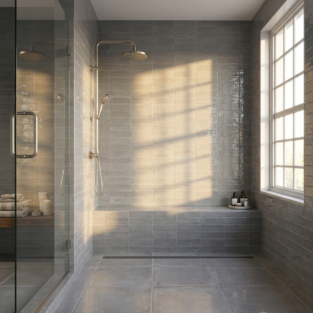 Modern bathroom with gray tiled walls and floor, glass shower enclosure, and large window.