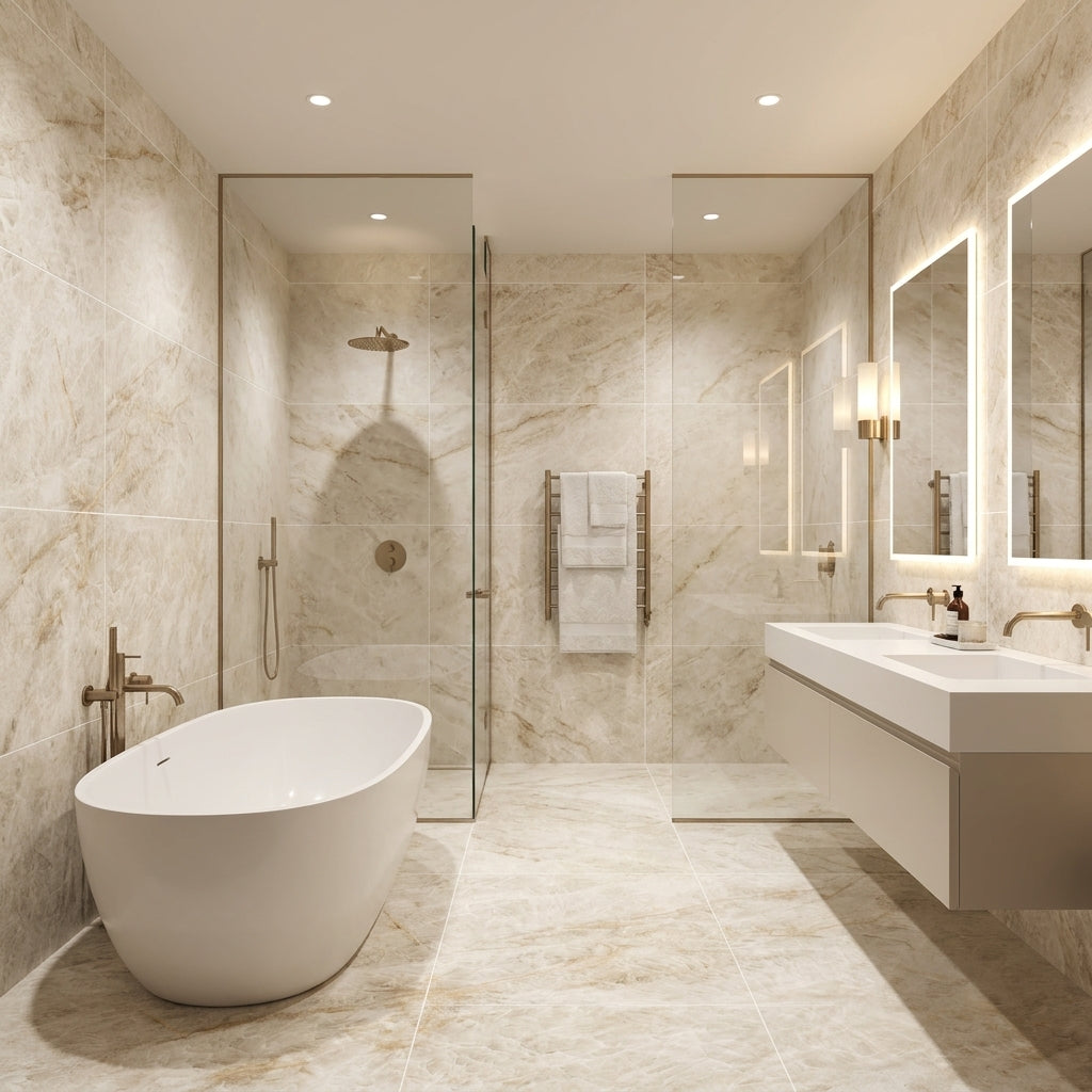 Modern bathroom with freestanding bathtub, shower, and vanity area.