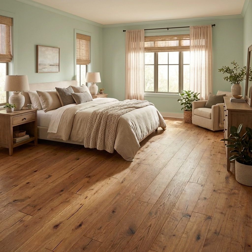 Neatly arranged bedroom with wooden flooring, bed, and decor.