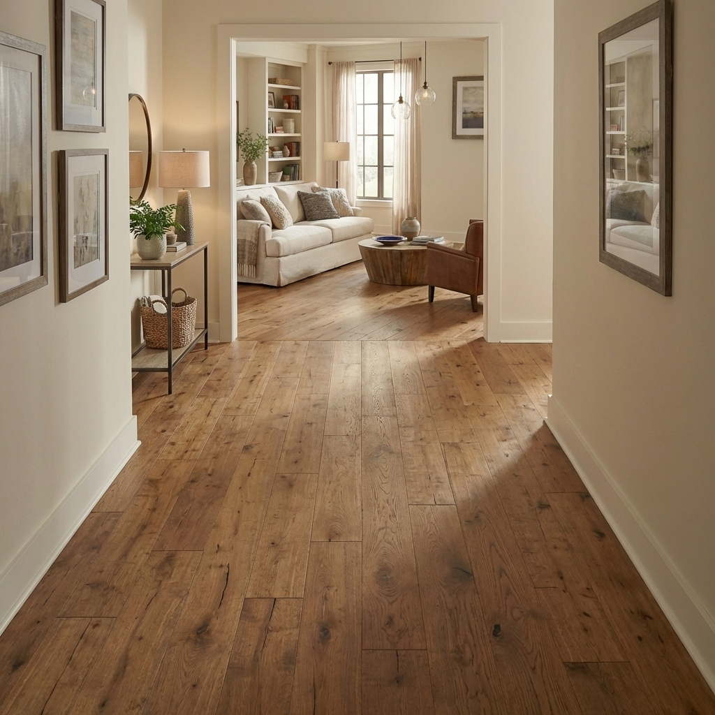 Living room with wooden flooring and a view into another room.