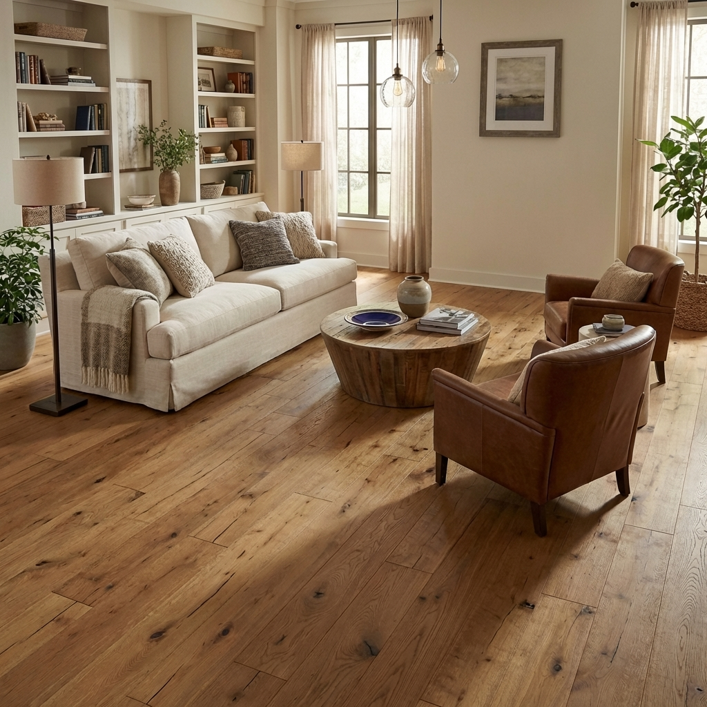 Living room with beige sofa, wooden coffee table, and armchairs on a wooden floor.