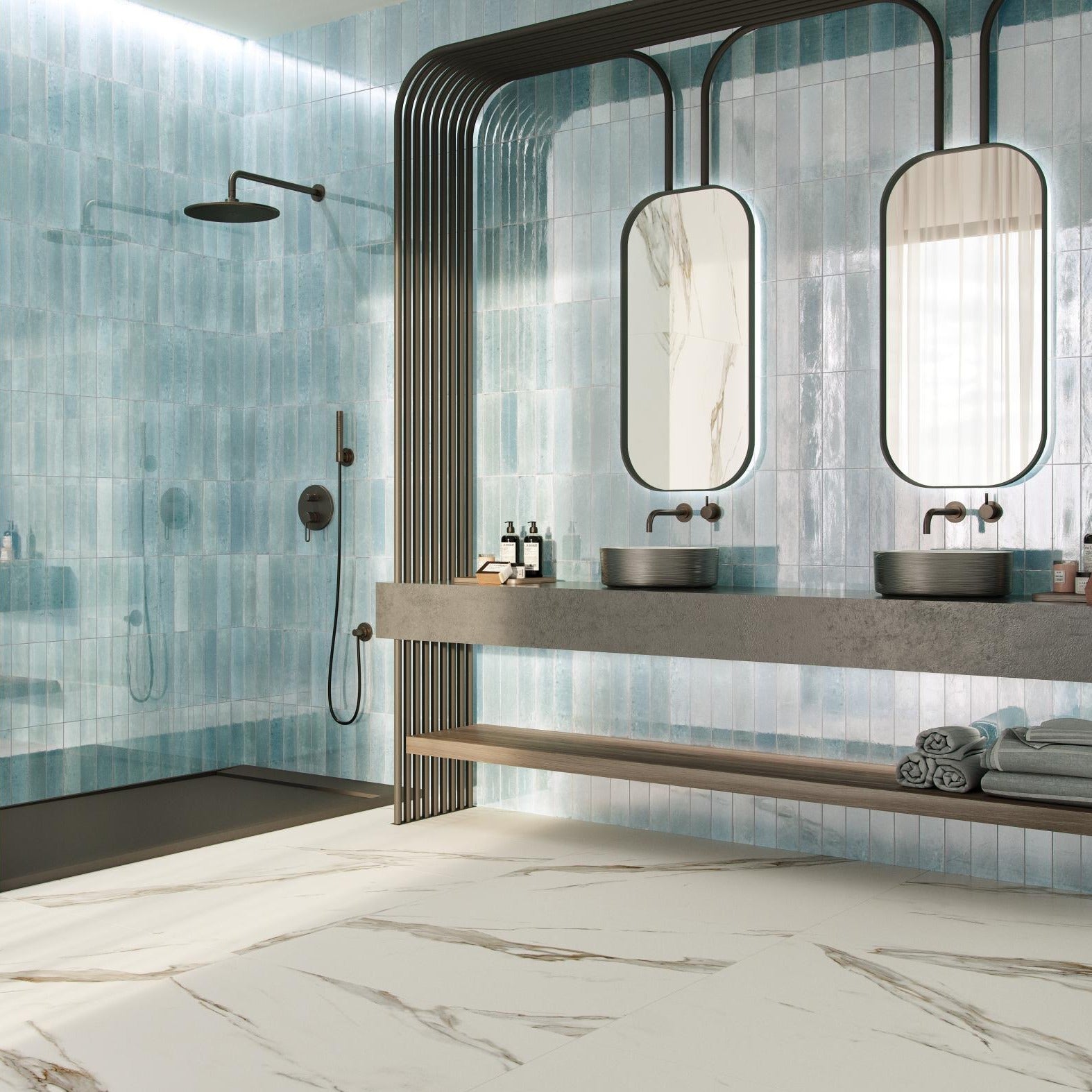 A bathroom setting showcasing wall tiles with a light blue texture, compatible with the Ocean Agua 7x28 description.